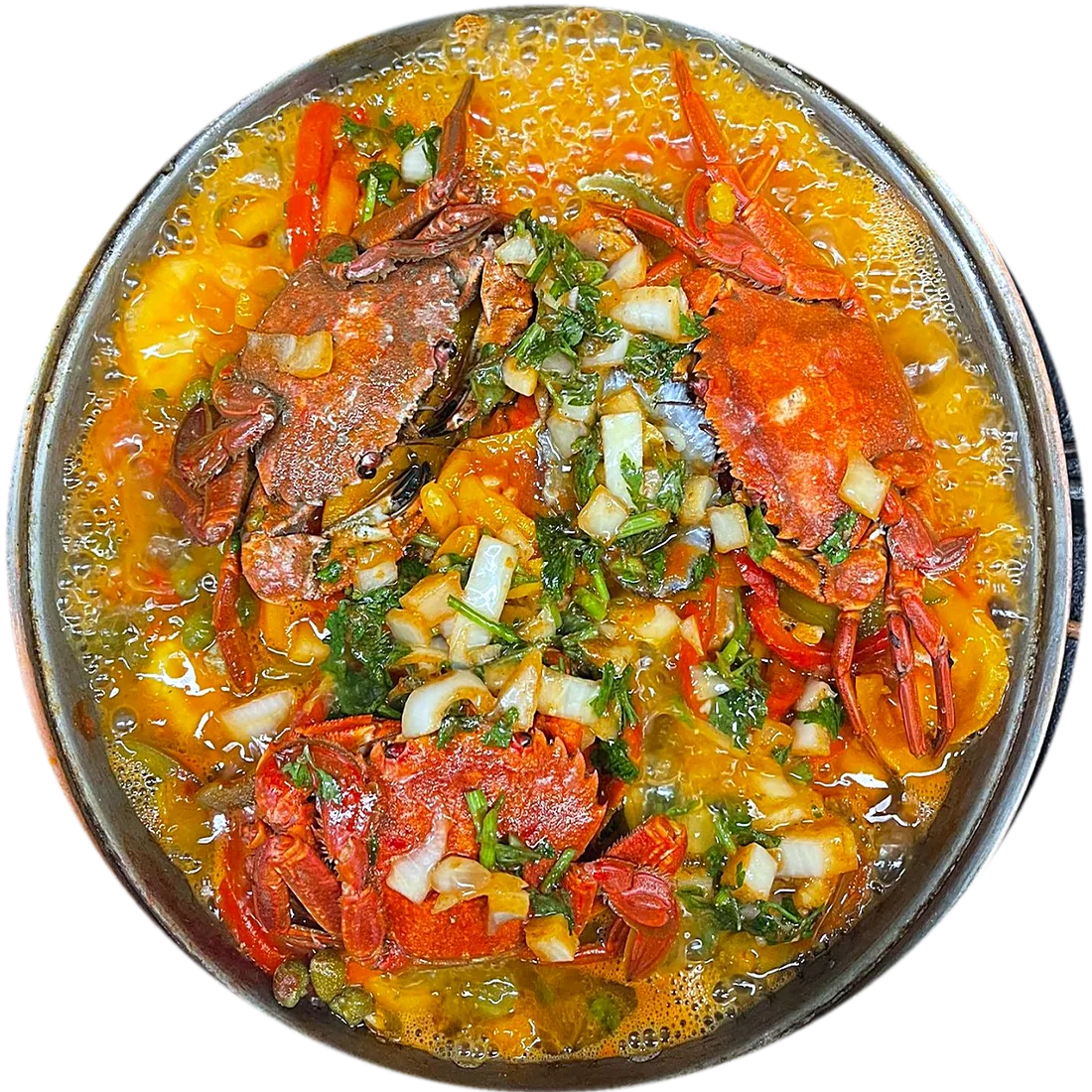 Cataplana de marisco aberta, com caranguejo